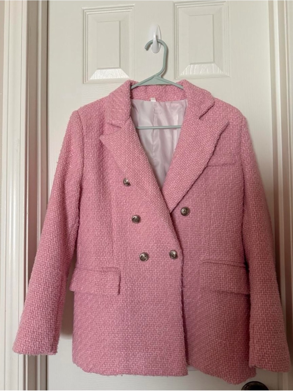 SHEIN Pink Bouclé Double-Breasted Blazer Jacket